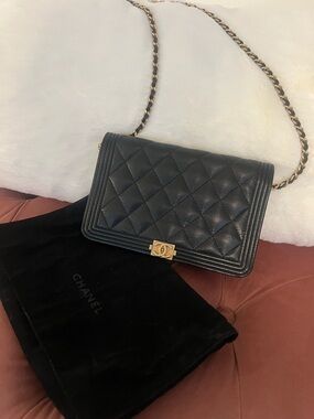 Chanel Black Quilted Leather Boy Bag with Gold Chain
